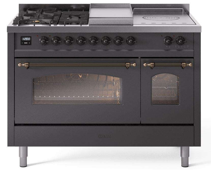 Ilve UP48FSNMPMGB Nostalgie Ii 48 Inch Dual Fuel Natural Gas Freestanding Range In Matte Graphite With Bronze Trim