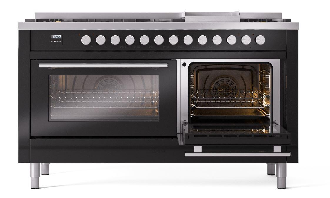 Ilve UP60FWMPBK Professional Plus Ii 60 Inch Dual Fuel Natural Gas Freestanding Range In Glossy Black With Trim