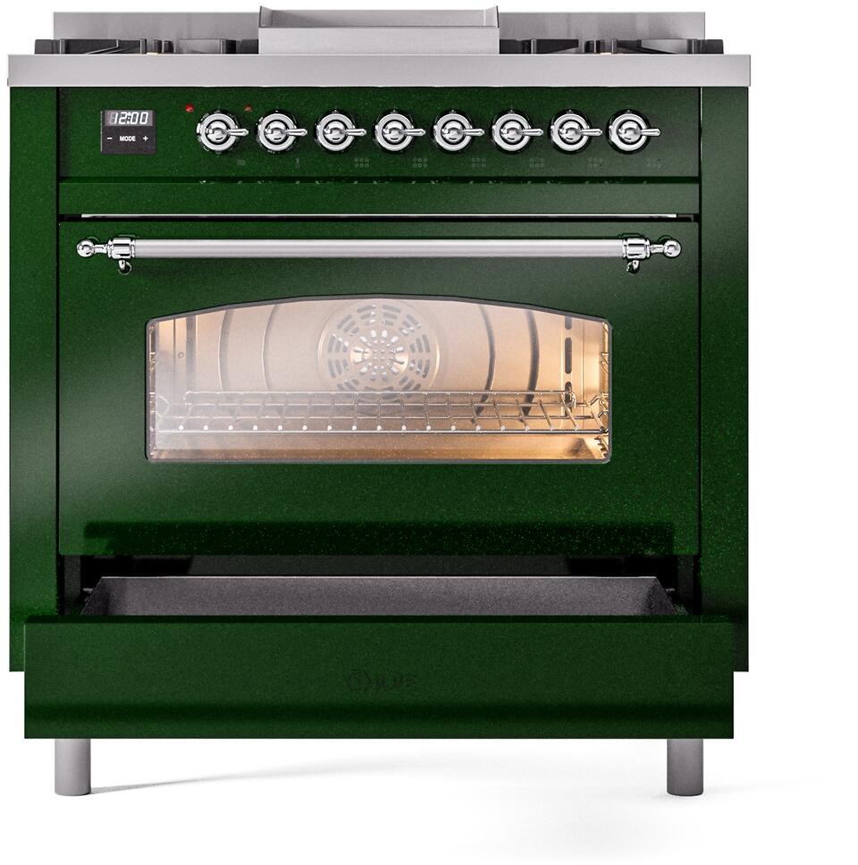 Ilve UP36FNMPEGC Nostalgie Ii 36 Inch Dual Fuel Natural Gas Freestanding Range In Emerald Green With Chrome Trim