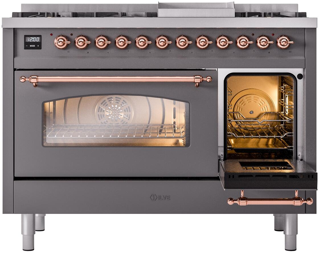 Ilve UP48FNMPMGPLP Nostalgie Ii 48 Inch Dual Fuel Liquid Propane Freestanding Range In Matte Graphite With Copper Trim