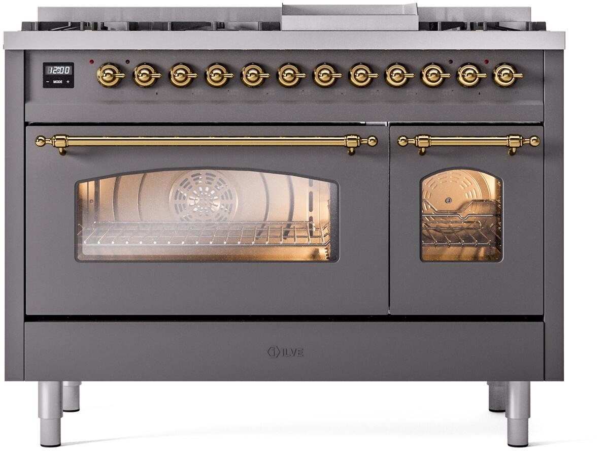 Ilve UP48FNMPMGG Nostalgie Ii 48 Inch Dual Fuel Natural Gas Freestanding Range In Matte Graphite With Brass Trim