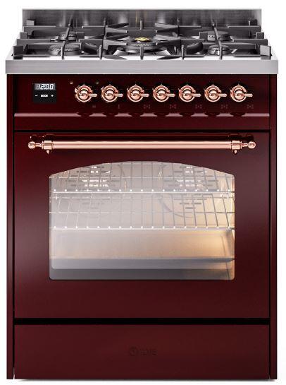 Ilve UP30NMPBUPLP Nostalgie Ii 30 Inch Dual Fuel Liquid Propane Freestanding Range In Burgundy With Copper Trim