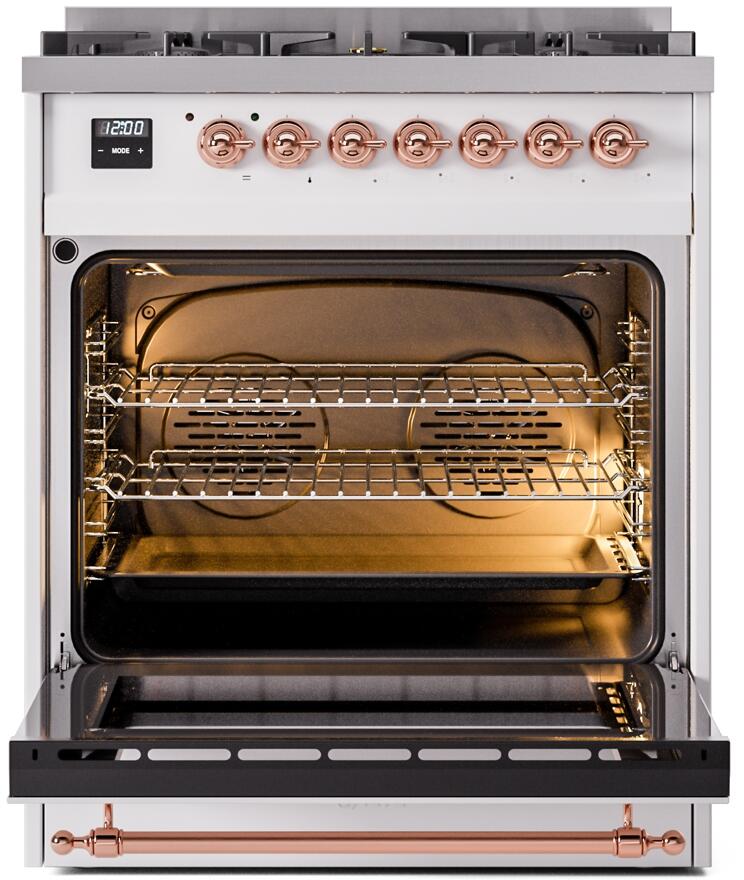 Ilve UP30NMPWHPLP Nostalgie Ii 30 Inch Dual Fuel Liquid Propane Freestanding Range In White With Copper Trim