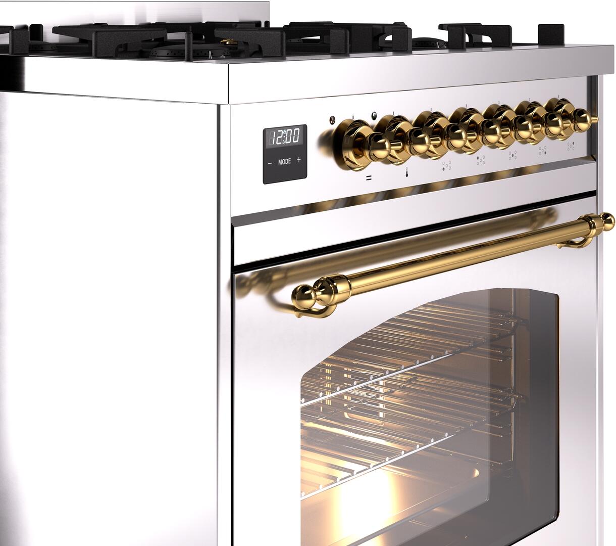 Ilve UP30NMPSSGLP Nostalgie Ii 30 Inch Dual Fuel Liquid Propane Freestanding Range In Stainless Steel With Brass Trim