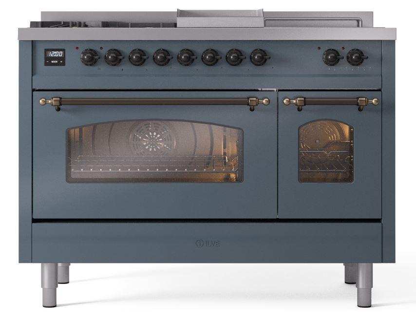 Ilve UP48FSNMPBGB Nostalgie Ii 48 Inch Dual Fuel Natural Gas Freestanding Range In Blue Grey With Bronze Trim