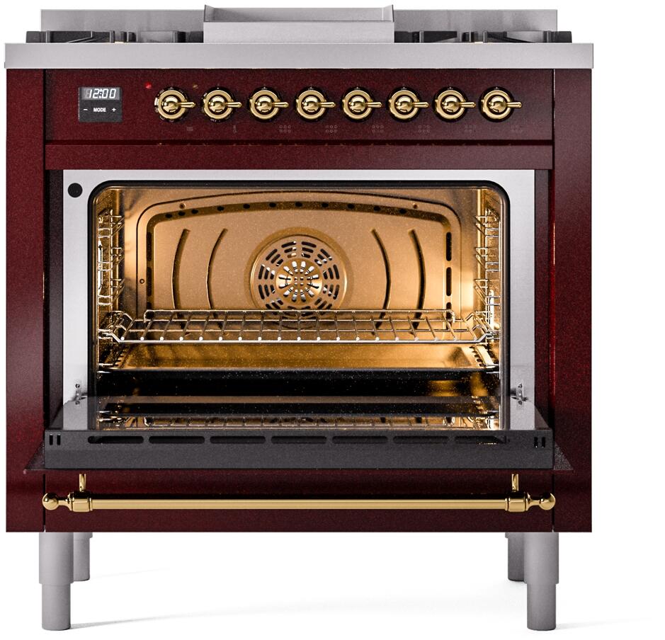 Ilve UP36FNMPBUGLP Nostalgie Ii 36 Inch Dual Fuel Liquid Propane Freestanding Range In Burgundy With Brass Trim