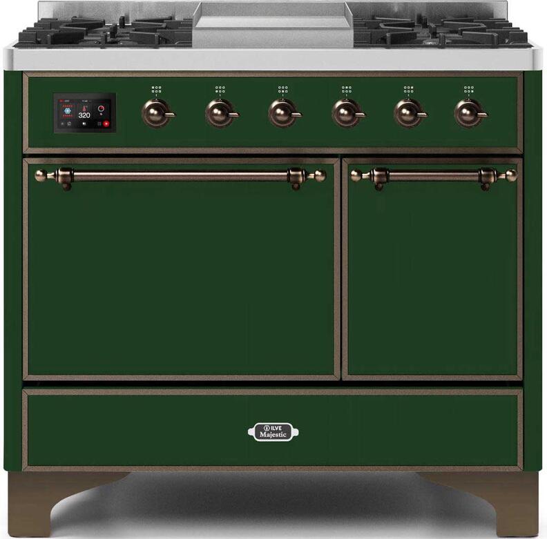 Ilve UMD10FDQNS3EGB Majestic Ii 40 Inch Dual Fuel Natural Gas Freestanding Range In Emerald Green With Bronze Trim