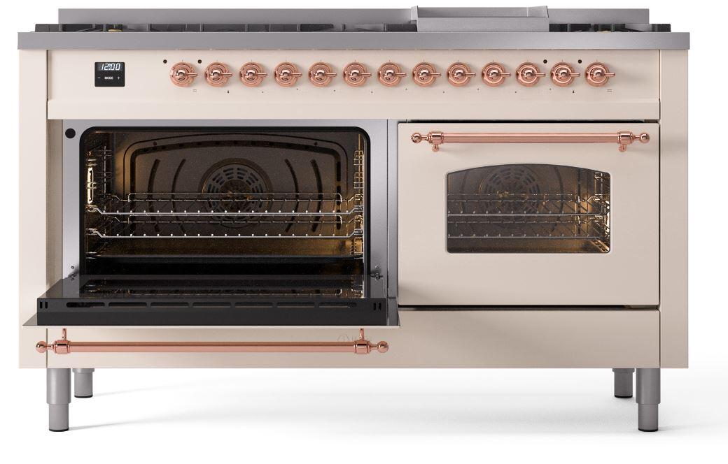 Ilve UP60FNMPAWPLP Nostalgie Ii 60 Inch Dual Fuel Liquid Propane Freestanding Range In Antique White With Copper Trim