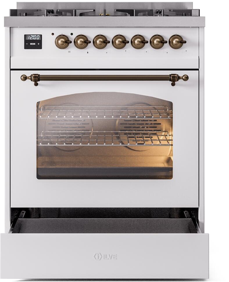 Ilve UP30NMPWHBLP Nostalgie Ii 30 Inch Dual Fuel Liquid Propane Freestanding Range In White With Bronze Trim