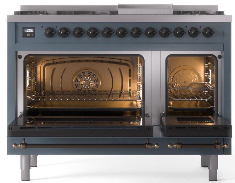 Ilve UP48FNMPBGB Nostalgie Ii 48 Inch Dual Fuel Natural Gas Freestanding Range In Blue Grey With Bronze Trim