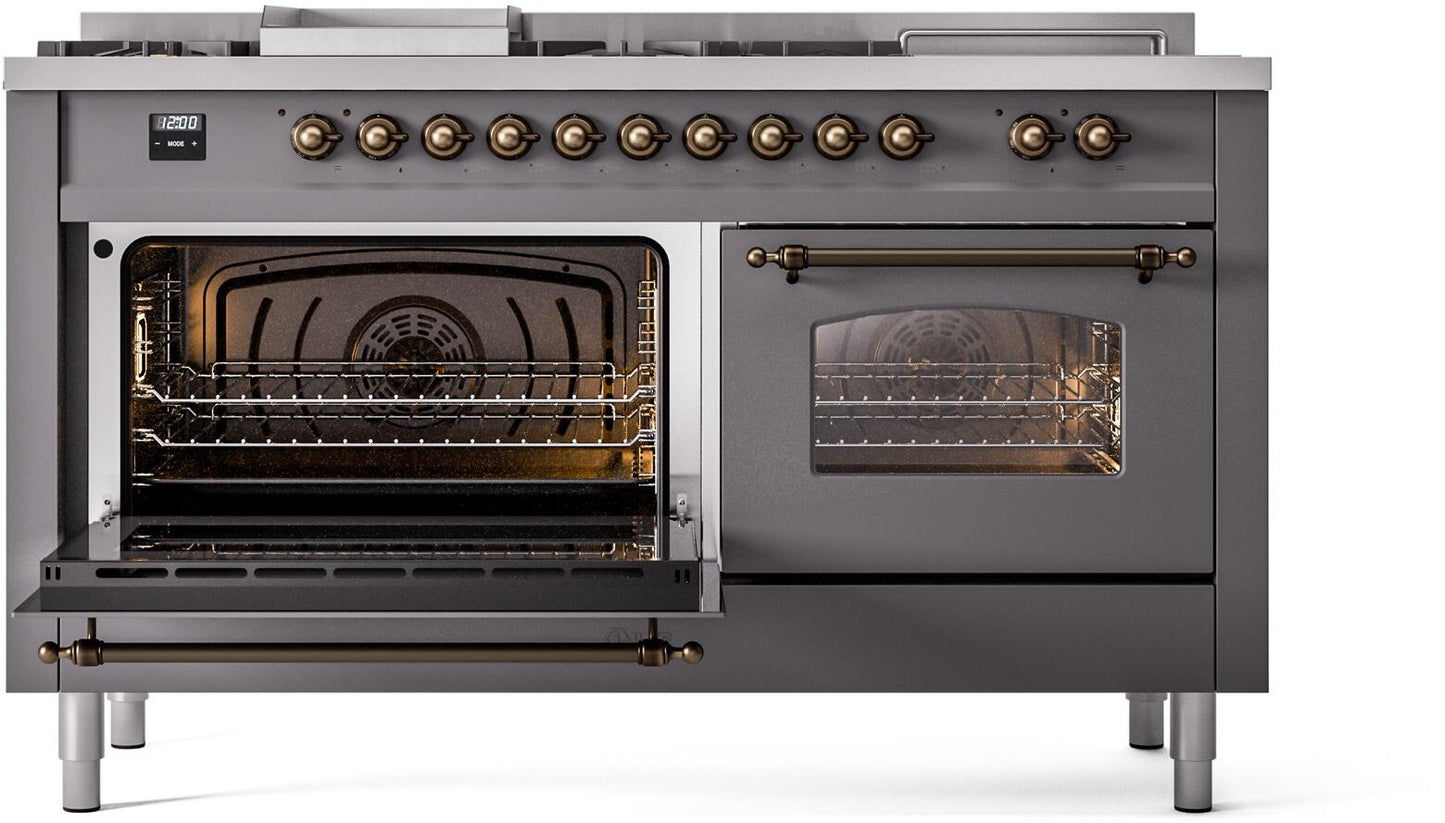 Ilve UP60FSNMPMGB Nostalgie Ii 60 Inch Dual Fuel Natural Gas Freestanding Range In Matte Graphite With Bronze Trim