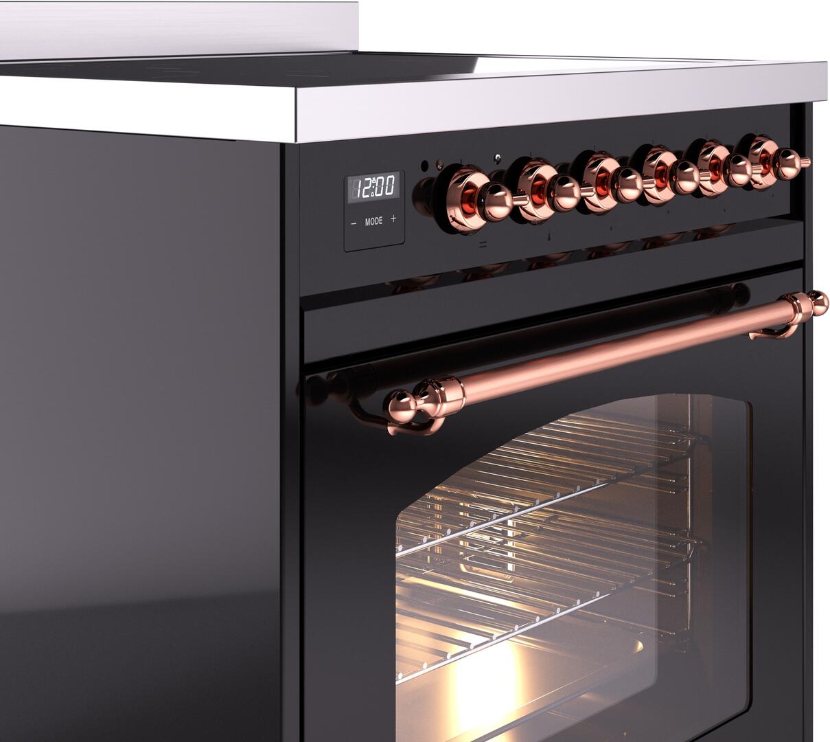 Ilve UPI304NMPBKP Nostalgie Ii 30 Inch Electric Freestanding Range In Glossy Black With Copper Trim