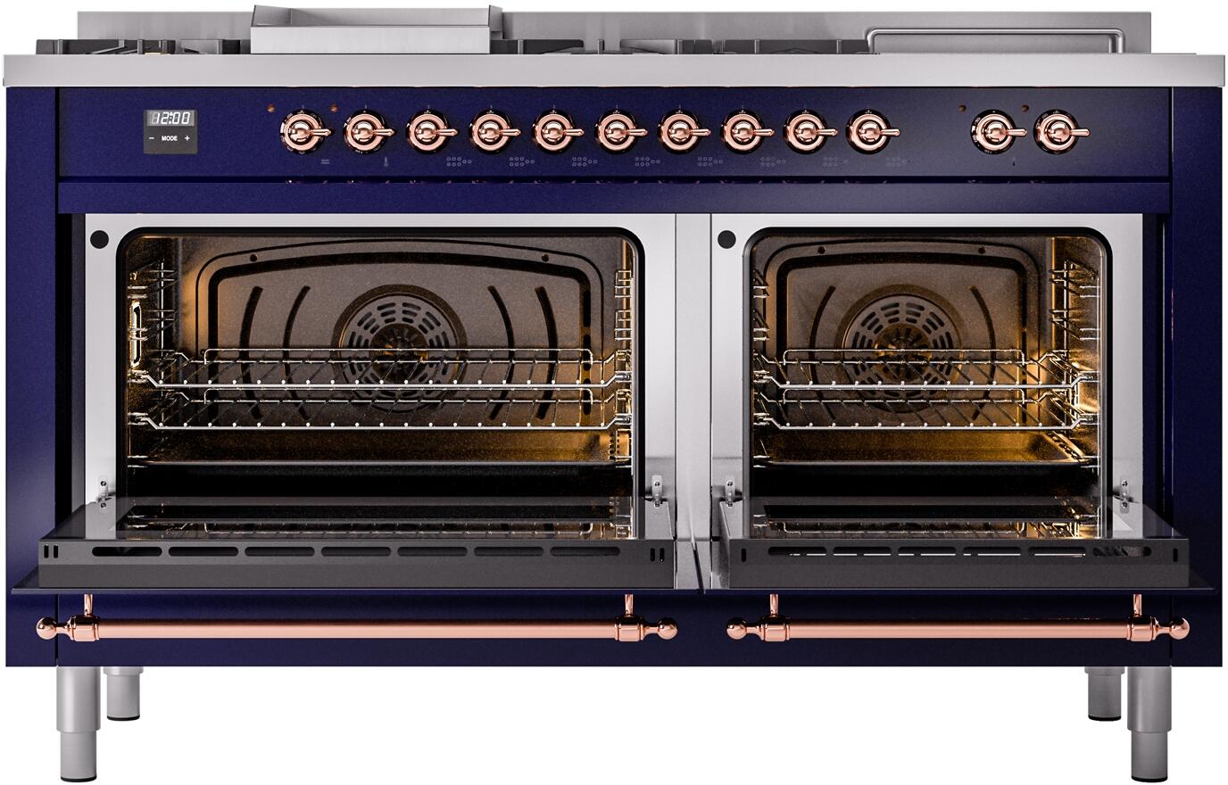 Ilve UP60FSNMPMBP Nostalgie Ii 60 Inch Dual Fuel Natural Gas Freestanding Range In Blue With Copper Trim