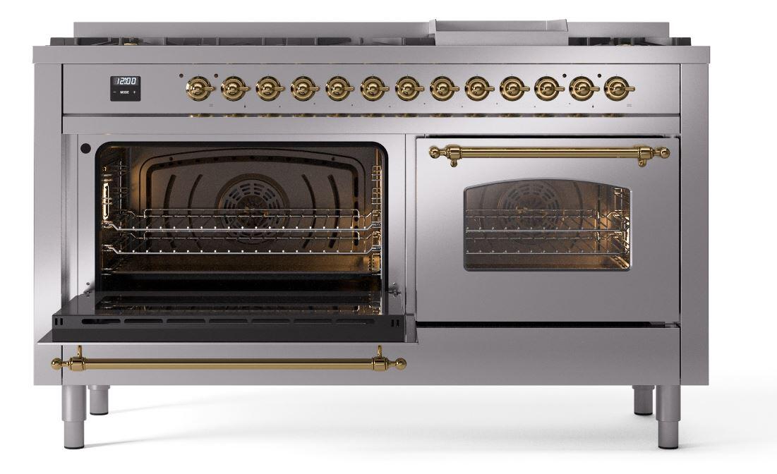 Ilve UP60FNMPSSG Nostalgie Ii 60 Inch Dual Fuel Natural Gas Freestanding Range In Stainless Steel With Brass Trim