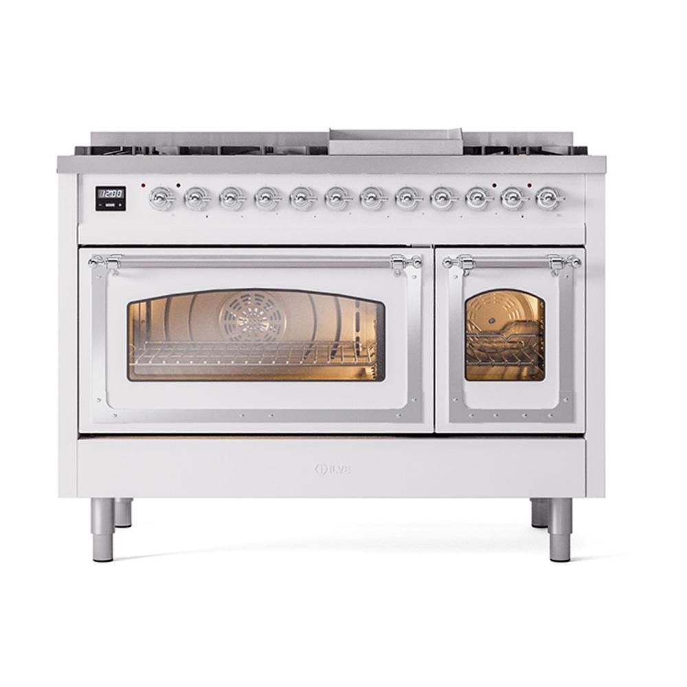 Ilve UN48FNMPRACLP Ilve Un48Fnmpraclp Nostalgie Ii Noblesse 48" Dual Fuel Range (8 Sealed Burners + Griddle, Liquid Propane, Triple Glass Door, Ral, Chrome)