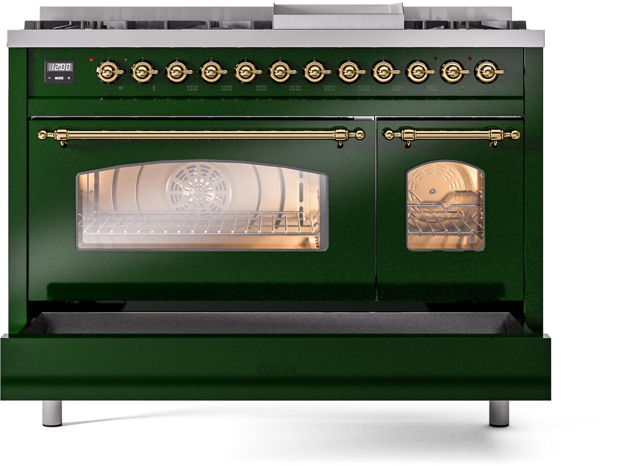 Ilve UP48FNMPEGGLP Nostalgie Ii 48 Inch Dual Fuel Liquid Propane Freestanding Range In Emerald Green With Brass Trim