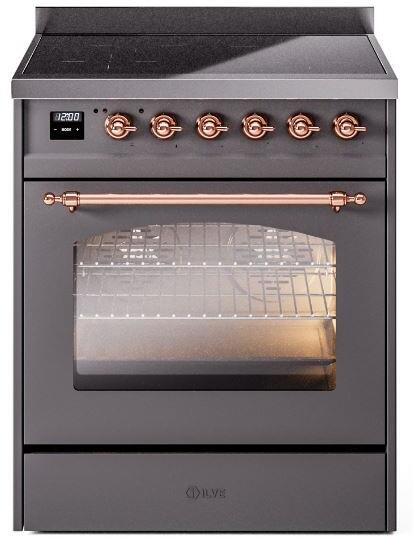 Ilve UPI304NMPMGP Nostalgie Ii 30 Inch Electric Freestanding Range In Matte Graphite With Copper Trim