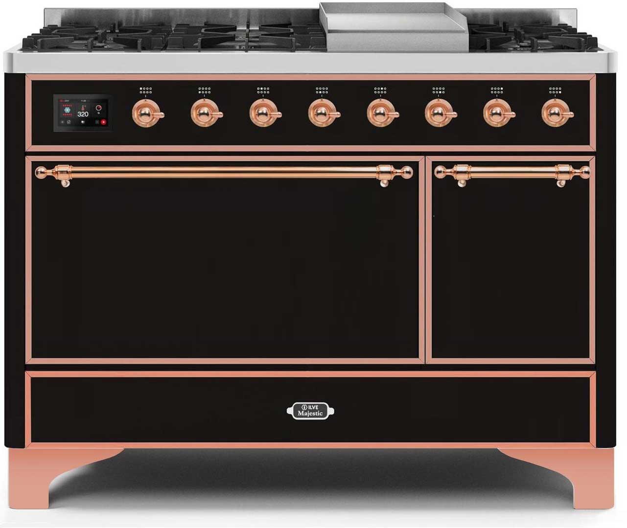 Ilve UM12FDQNS3BKP Majestic Ii 48 Inch Dual Fuel Natural Gas Freestanding Range In Glossy Black With Copper Trim