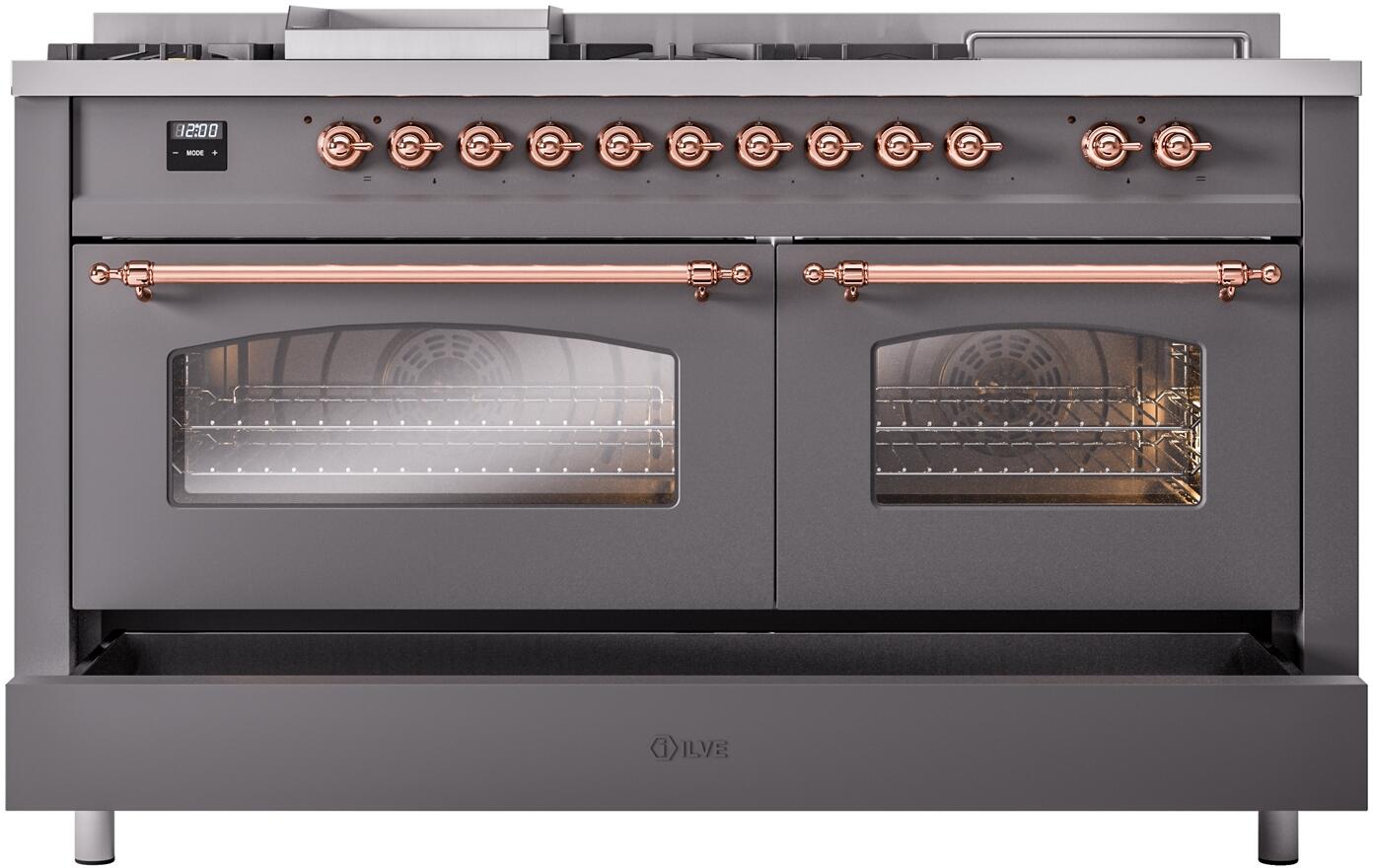 Ilve UP60FSNMPMGPLP Nostalgie Ii 60 Inch Dual Fuel Liquid Propane Freestanding Range In Matte Graphite With Copper Trim