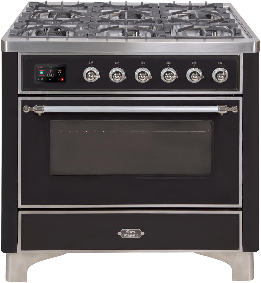 Ilve UM09FDNS3BKC Majestic Ii 36 Inch Dual Fuel Natural Gas Freestanding Range In Glossy Black With Chrome Trim