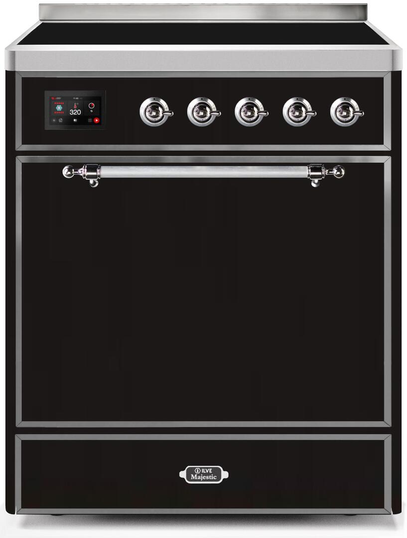 Ilve UMI30QNE3BKC Majestic Ii 30 Inch Electric Freestanding Range In Glossy Black With Chrome Trim