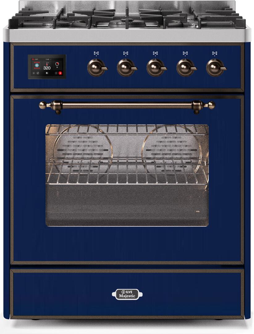 Ilve UM30DNE3MBBLP Majestic Ii 30 Inch Dual Fuel Liquid Propane Freestanding Range In Blue With Bronze Trim