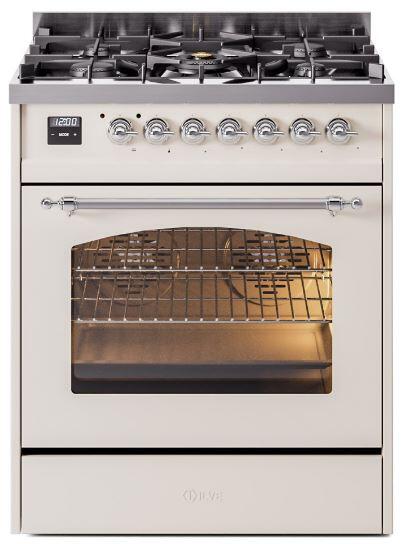 Ilve UP30NMPAWCLP Nostalgie Ii 30 Inch Dual Fuel Liquid Propane Freestanding Range In Antique White With Chrome Trim