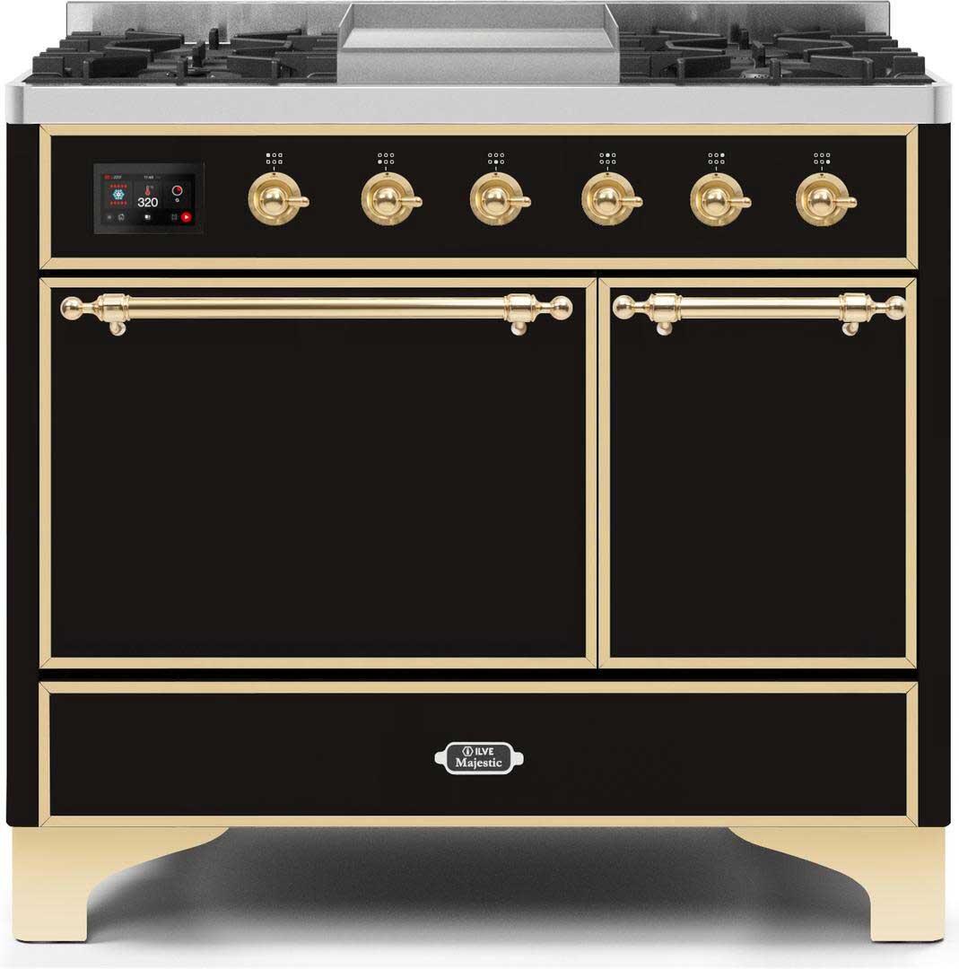 Ilve UMD10FDQNS3BKGLP Majestic Ii 40 Inch Dual Fuel Liquid Propane Freestanding Range In Glossy Black With Brass Trim