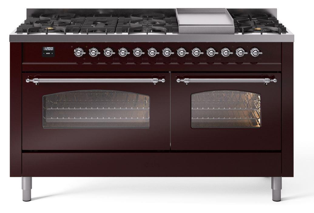 Ilve UP60FNMPBUCLP Nostalgie Ii 60 Inch Dual Fuel Liquid Propane Freestanding Range In Burgundy With Chrome Trim