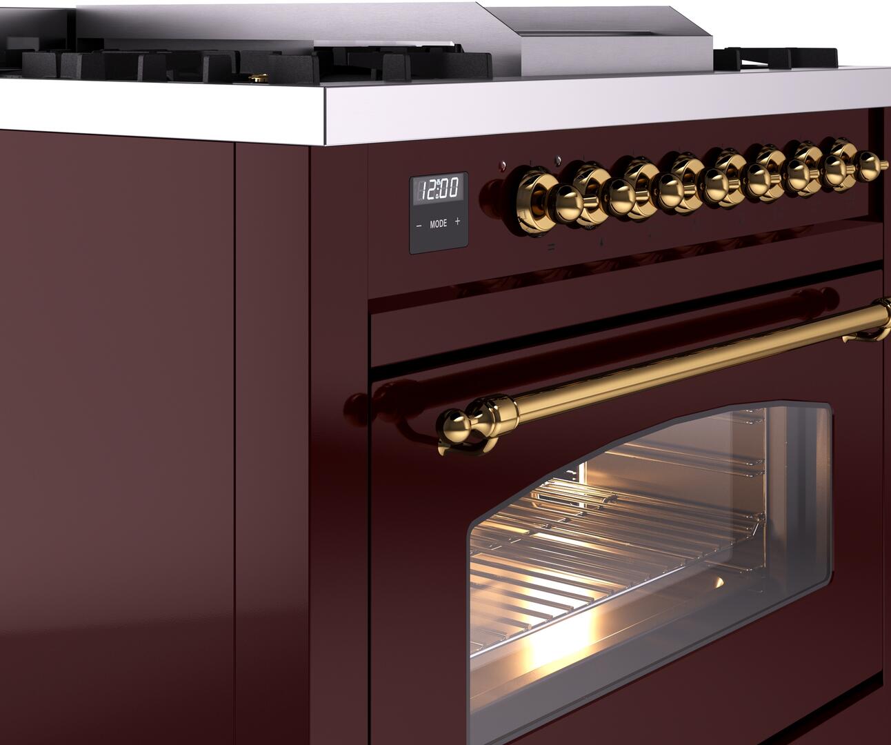 Ilve UP36FNMPBUG Nostalgie Ii 36 Inch Dual Fuel Natural Gas Freestanding Range In Burgundy With Brass Trim