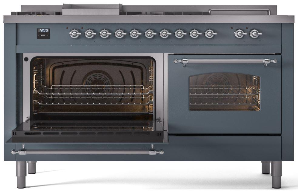 Ilve UP60FSNMPBGC Nostalgie Ii 60 Inch Dual Fuel Natural Gas Freestanding Range In Blue Grey With Chrome Trim