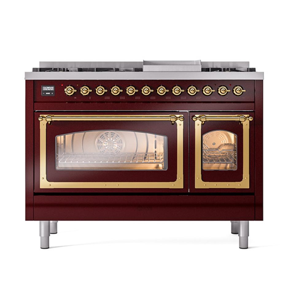 Ilve UN48FNMPBUG Ilve Un48Fnmpbug Nostalgie Ii Noblesse 48" Dual Fuel Range (8 Sealed Burners + Griddle, Natural Gas, Triple Glass Door, Burgundy, Brass)