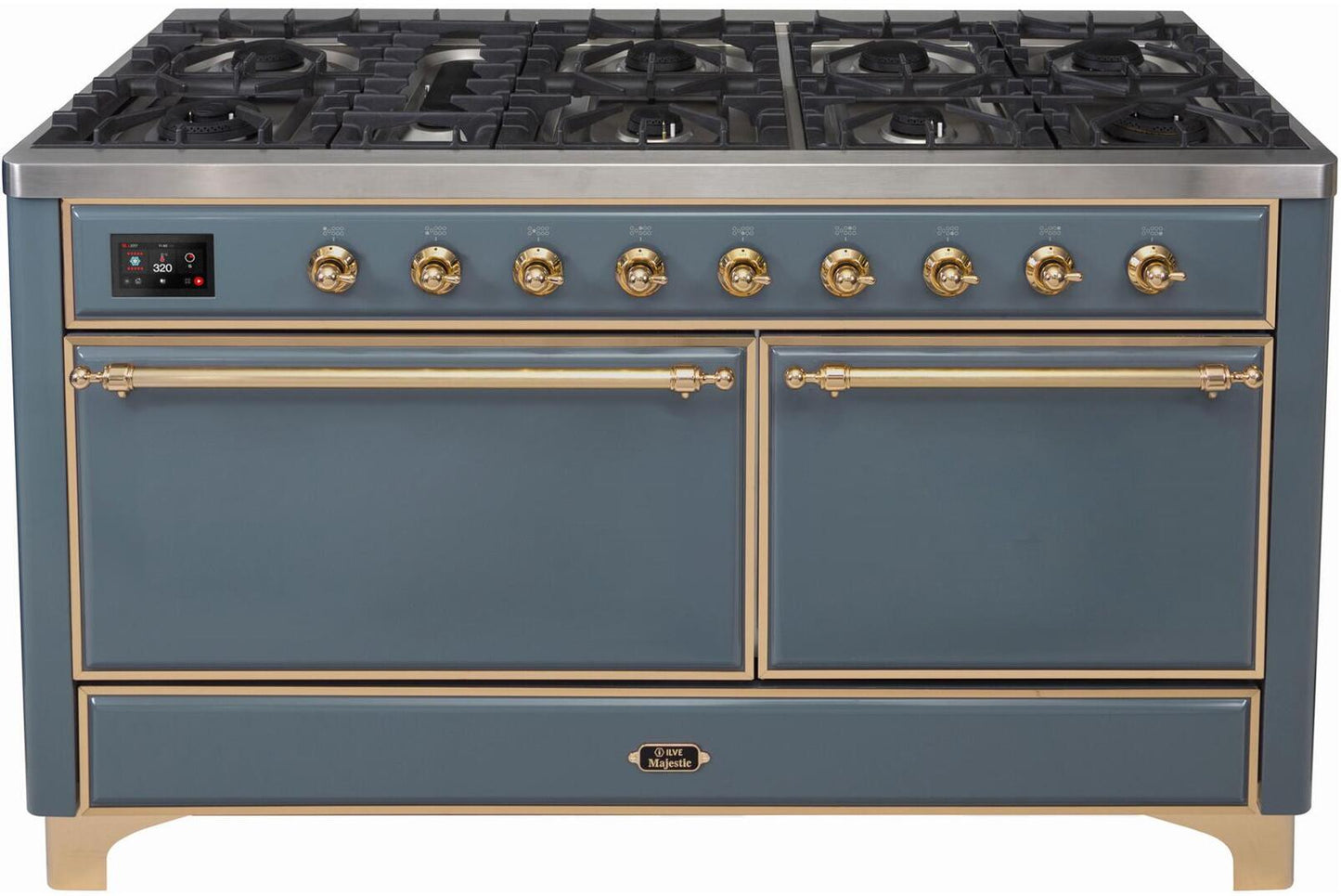 Ilve UM15FDQNS3BGG Majestic Ii 60 Inch Dual Fuel Natural Gas Freestanding Range In Blue Grey With Brass Trim