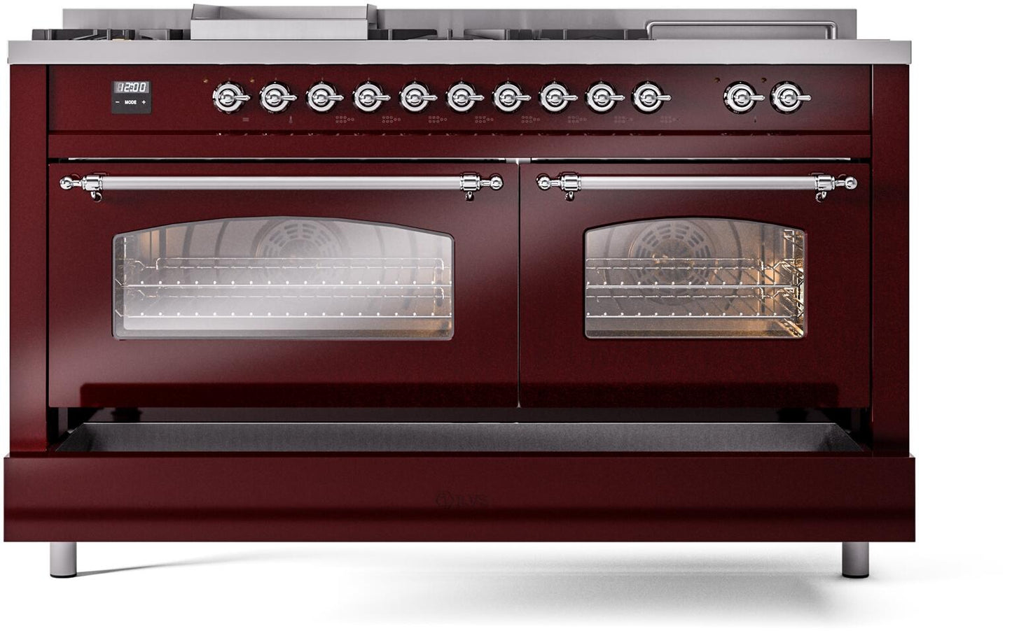 Ilve UP60FSNMPBUC Nostalgie Ii 60 Inch Dual Fuel Natural Gas Freestanding Range In Burgundy With Chrome Trim