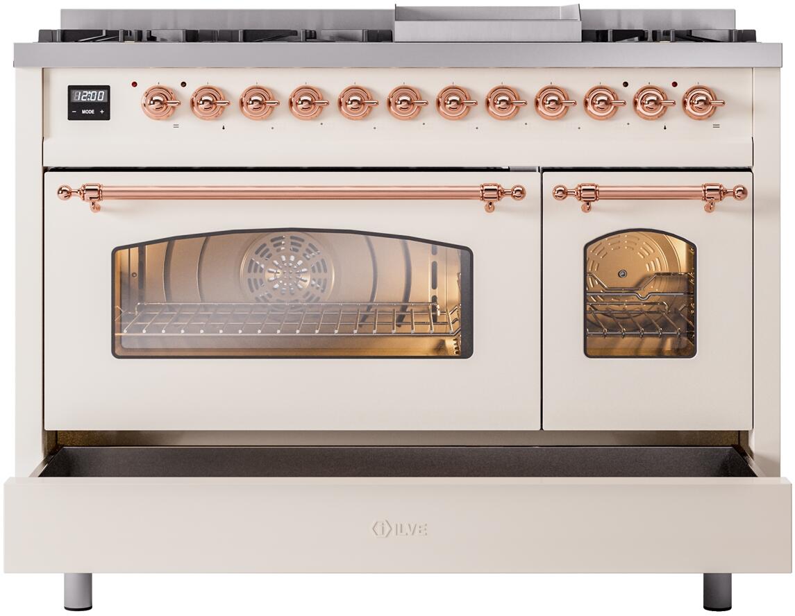 Ilve UP48FNMPAWPLP Nostalgie Ii 48 Inch Dual Fuel Liquid Propane Freestanding Range In Antique White With Copper Trim