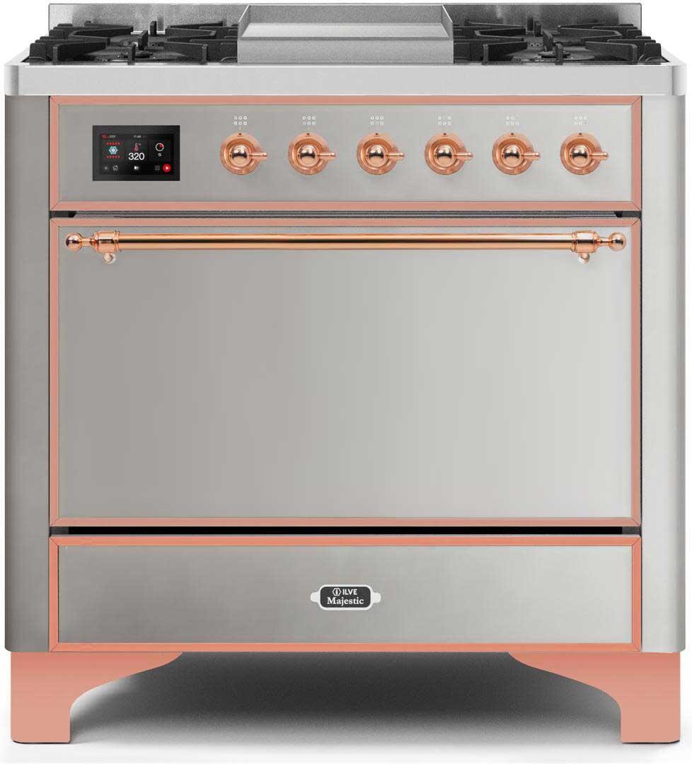 Ilve UM09FDQNS3SSP Majestic Ii 36 Inch Dual Fuel Natural Gas Freestanding Range In Stainless Steel With Copper Trim