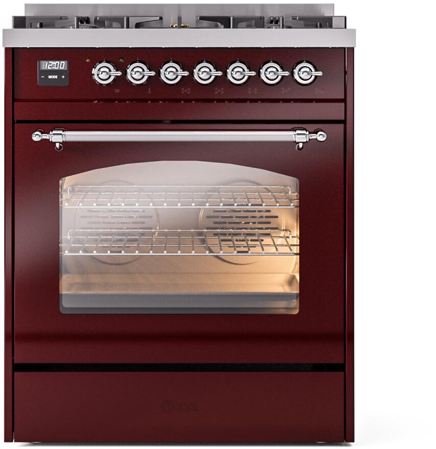 Ilve UP30NMPBUC Nostalgie Ii 30 Inch Dual Fuel Natural Gas Freestanding Range In Burgundy With Chrome Trim