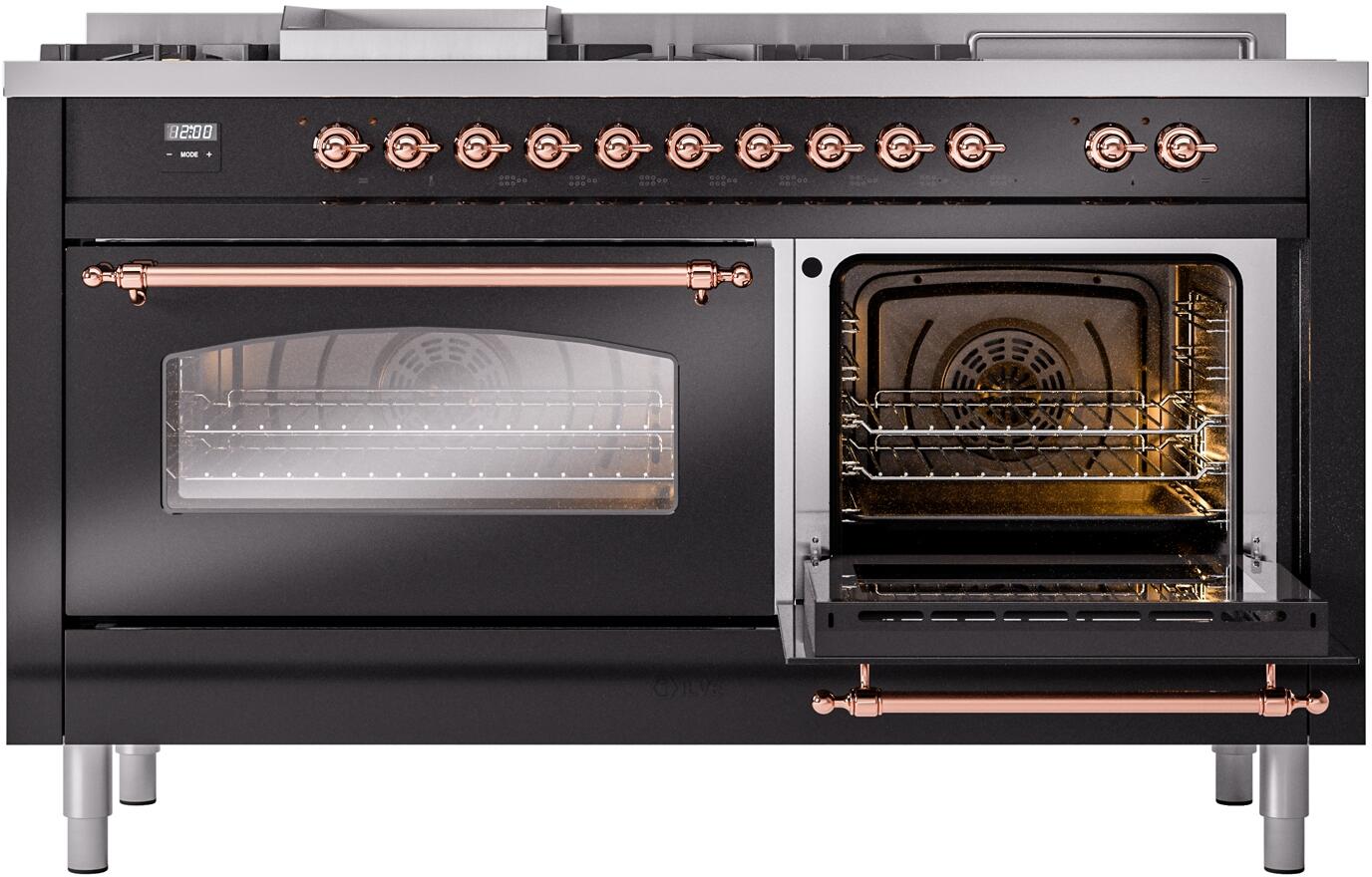 Ilve UP60FSNMPBKP Nostalgie Ii 60 Inch Dual Fuel Natural Gas Freestanding Range In Glossy Black With Copper Trim