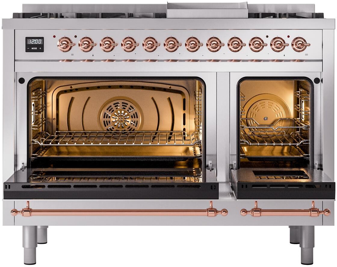 Ilve UP48FNMPSSPLP Nostalgie Ii 48 Inch Dual Fuel Liquid Propane Freestanding Range In Stainless Steel With Copper Trim