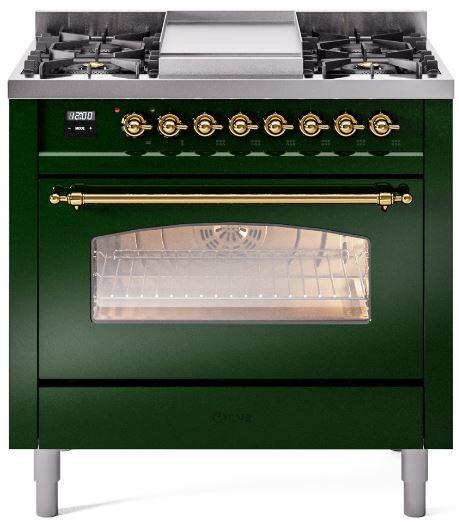 Ilve UP36FNMPEGGLP Nostalgie Ii 36 Inch Dual Fuel Liquid Propane Freestanding Range In Emerald Green With Brass Trim