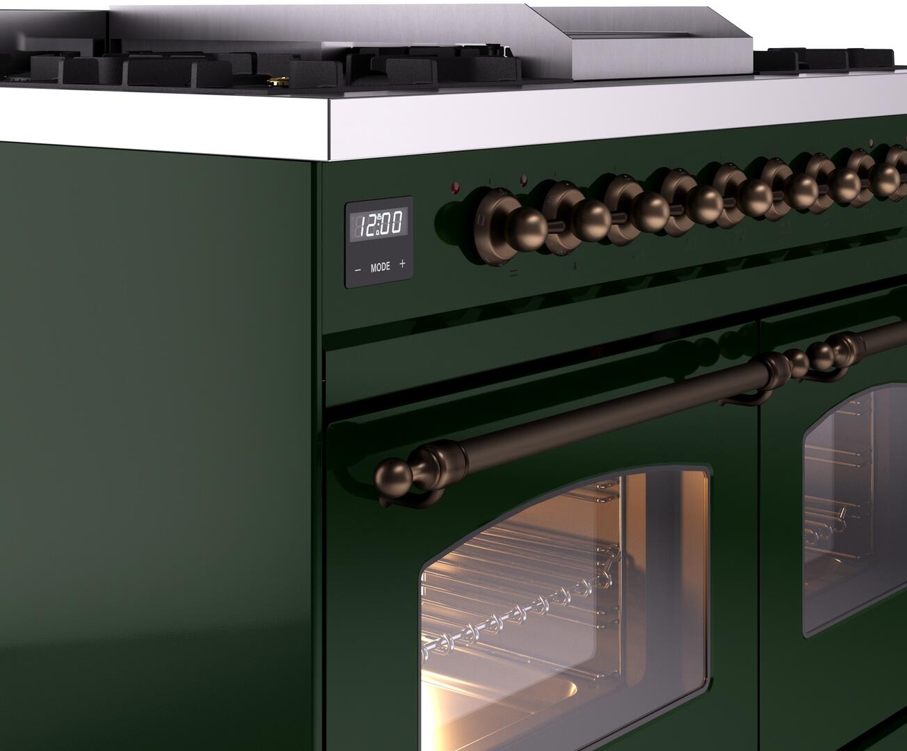 Ilve UPD40FNMPEGB Nostalgie Ii 40 Inch Dual Fuel Natural Gas Freestanding Range In Emerald Green With Bronze Trim