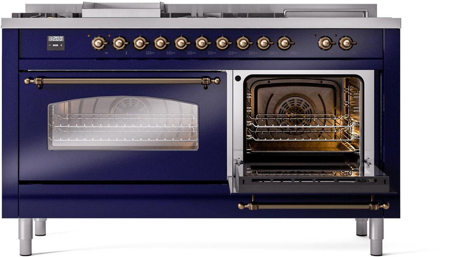 Ilve UP60FSNMPMBBLP Nostalgie Ii 60 Inch Dual Fuel Liquid Propane Freestanding Range In Blue With Bronze Trim