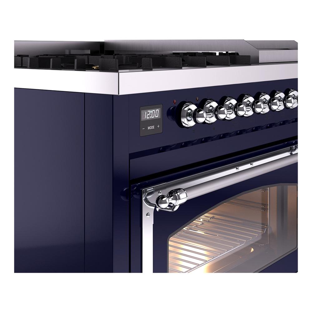 Ilve UN48FNMPMBCLP Ilve Un48Fnmpmbclp Nostalgie Ii Noblesse 48" Dual Fuel Range (8 Sealed Burners + Griddle, Liquid Propane, Triple Glass Door, Midnight Blue, Chrome)