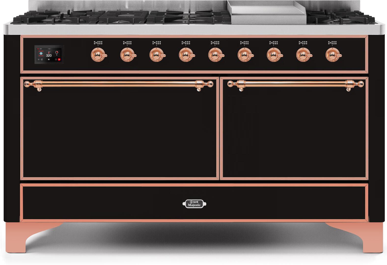 Ilve UM15FDQNS3BKPLP Majestic Ii 60 Inch Dual Fuel Liquid Propane Freestanding Range In Glossy Black With Copper Trim