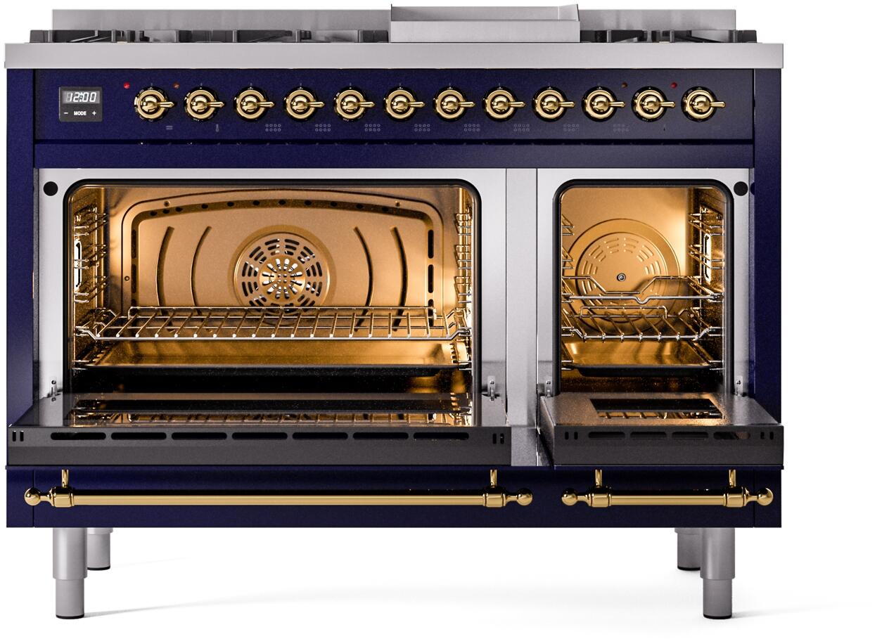 Ilve UP48FNMPMBGLP Nostalgie Ii 48 Inch Dual Fuel Liquid Propane Freestanding Range In Blue With Brass Trim