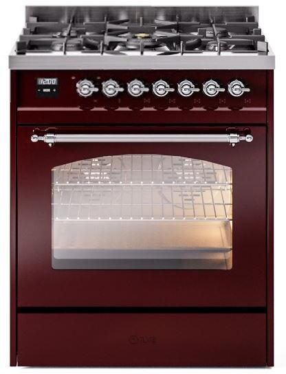 Ilve UP30NMPBUC Nostalgie Ii 30 Inch Dual Fuel Natural Gas Freestanding Range In Burgundy With Chrome Trim