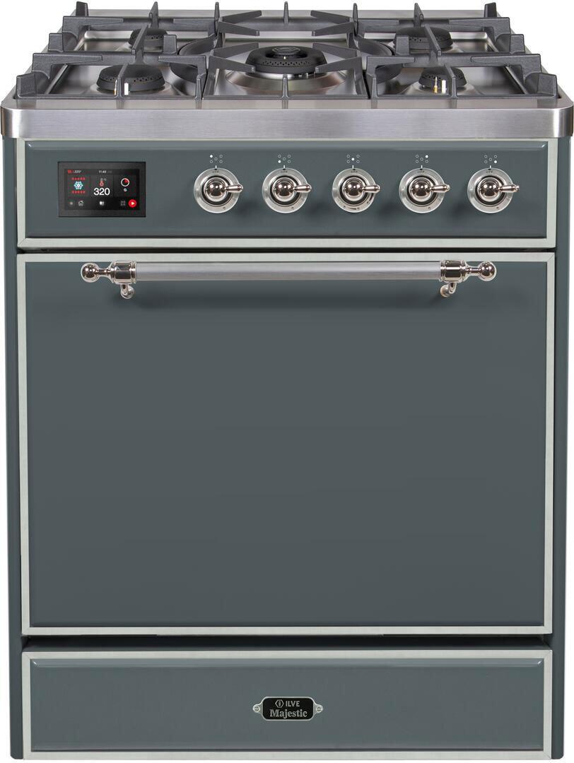 Ilve UM30DQNE3BGC Majestic Ii 30 Inch Dual Fuel Natural Gas Freestanding Range In Blue Grey With Chrome Trim