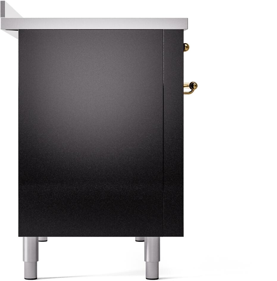 Ilve UPI486NMPBKG Nostalgie Ii 48 Inch Electric Freestanding Range In Glossy Black With Brass Trim