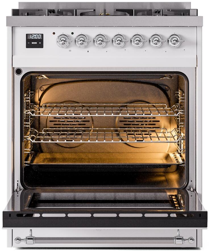 Ilve UP30NMPWHC Nostalgie Ii 30 Inch Dual Fuel Natural Gas Freestanding Range In White With Chrome Trim