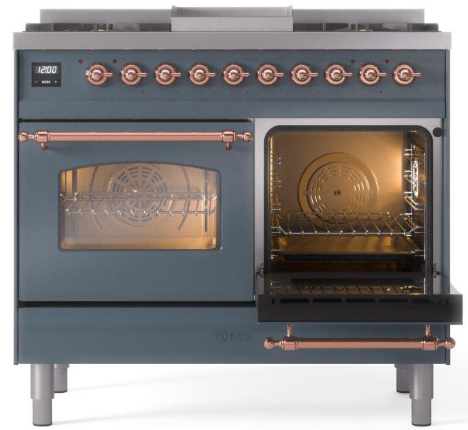 Ilve UPD40FNMPBGPLP Nostalgie Ii 40 Inch Dual Fuel Liquid Propane Freestanding Range In Blue Grey With Copper Trim